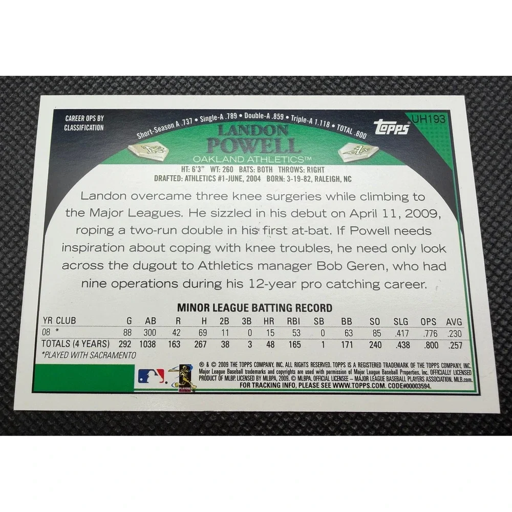 Landon Powell 2009 Topps Update RC #UH193 Oakland Athletics Signed Auto Card - Picture 2 of 6